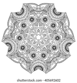 Circular pattern in form of mandala for Henna, Mehndi, tattoo, decoration. Decorative ornament in ethnic oriental style. Coloring book page.