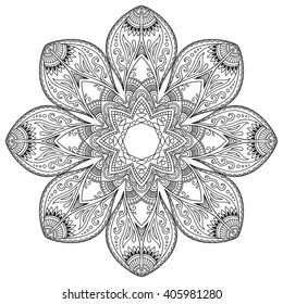 Circular pattern in form of mandala for Henna, Mehndi, tattoo, decoration. Decorative ornament in ethnic oriental style. Coloring book page.