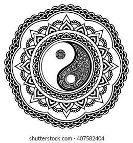 Circular pattern in form of mandala for Henna, Mehndi, tattoo, decoration. Decorative ornament in oriental style with Yin-yang hand drawn symbol. Coloring book page.