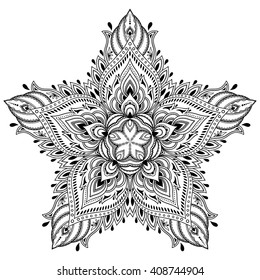 Circular pattern in form of mandala for Henna, Mehndi, tattoo, decoration. Decorative ornament in ethnic oriental style. Coloring book page.