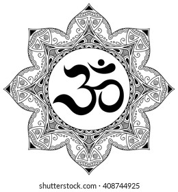 Circular pattern in form of mandala for Henna, Mehndi, tattoo, decoration. Decorative ornament in oriental style with ancient Hindu mantra OM. Coloring book page.