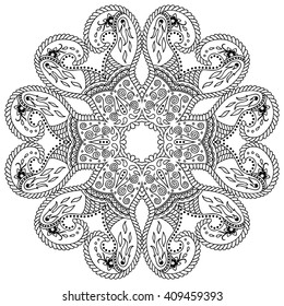 Circular pattern in form of mandala for Henna, Mehndi, tattoo, decoration. Decorative ornament in ethnic oriental style. Coloring book page.