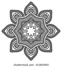 Circular pattern in form of mandala for Henna, Mehndi, tattoo, decoration. Decorative ornament in ethnic oriental style. Coloring book page.
