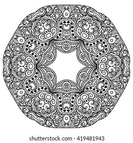 Circular pattern in form of mandala for Henna, Mehndi, tattoo, decoration. Decorative ornament in ethnic oriental style. Coloring book page.