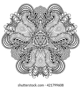 Circular pattern in form of mandala for Henna, Mehndi, tattoo, decoration. Decorative ornament in ethnic oriental style. Coloring book page.
