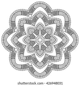 Circular pattern in form of mandala for Henna, Mehndi, tattoo, decoration. Decorative ornament in ethnic oriental style. Coloring book page.
