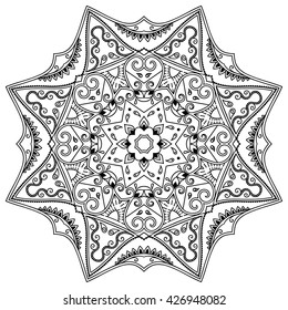 Circular pattern in form of mandala for Henna, Mehndi, tattoo, decoration. Decorative ornament in ethnic oriental style. Coloring book page.