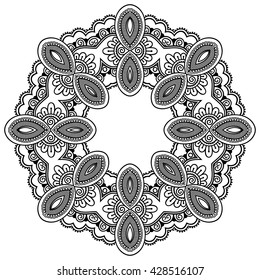 Circular pattern in form of mandala for Henna, Mehndi, tattoo, decoration. Decorative ornament in ethnic oriental style. Coloring book page.
