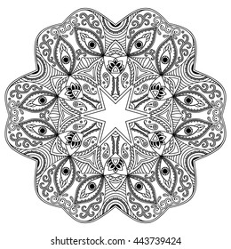 Circular pattern in form of mandala for Henna, Mehndi, tattoo, decoration. Decorative ornament in ethnic oriental style. Coloring book page.