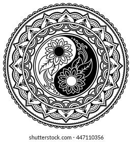 Circular pattern in form of mandala for Henna, Mehndi, tattoo, decoration. Decorative ornament in oriental style with Yin-yang hand drawn symbol. Coloring book page.