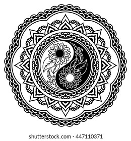 Circular pattern in form of mandala for Henna, Mehndi, tattoo, decoration. Decorative ornament in oriental style with Yin-yang hand drawn symbol. Coloring book page.