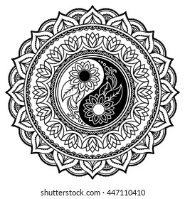 Circular pattern in form of mandala for Henna, Mehndi, tattoo, decoration. Decorative ornament in oriental style with Yin-yang hand drawn symbol. Coloring book page.