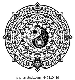 Circular pattern in form of mandala for Henna, Mehndi, tattoo, decoration. Decorative ornament in oriental style with Yin-yang hand drawn symbol. Coloring book page.