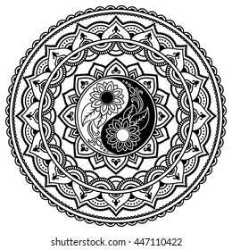 Circular pattern in form of mandala for Henna, Mehndi, tattoo, decoration. Decorative ornament in oriental style with Yin-yang hand drawn symbol. Coloring book page.