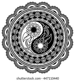 Circular pattern in form of mandala for Henna, Mehndi, tattoo, decoration. Decorative ornament in oriental style with Yin-yang hand drawn symbol. Coloring book page.