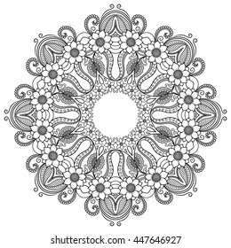 Circular pattern in form of mandala for Henna, Mehndi, tattoo, decoration. Decorative ornament in ethnic oriental style. Coloring book page.