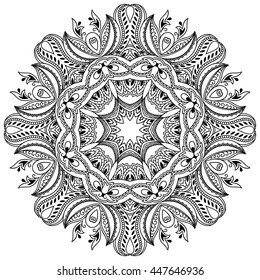 Circular pattern in form of mandala for Henna, Mehndi, tattoo, decoration. Decorative ornament in ethnic oriental style. Coloring book page.