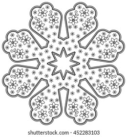Circular pattern in form of mandala for Henna, Mehndi, tattoo, decoration. Decorative ornament in ethnic oriental style. Coloring book page.