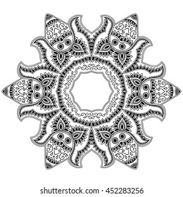 Circular pattern in form of mandala for Henna, Mehndi, tattoo, decoration. Decorative ornament in ethnic oriental style. Coloring book page.