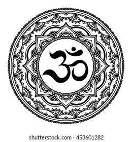 Circular pattern in form of mandala for Henna, Mehndi, tattoo, decoration. Decorative ornament in oriental style with ancient Hindu mantra OM. Coloring book page.