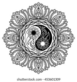 Circular pattern in form of mandala for Henna, Mehndi, tattoo, decoration. Decorative ornament in oriental style with Yin-yang hand drawn symbol. Coloring book page.
