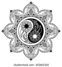 Circular pattern in form of mandala for Henna, Mehndi, tattoo, decoration. Decorative ornament in oriental style with Yin-yang hand drawn symbol. Coloring book page.