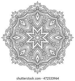 Circular pattern in form of mandala for Henna, Mehndi, tattoo, decoration. Decorative ornament in ethnic oriental style. Coloring book page.