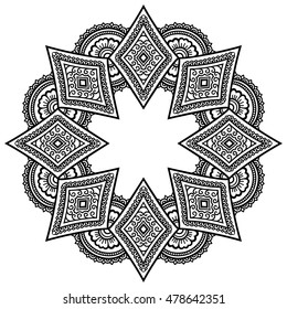 Circular pattern in form of mandala for Henna, Mehndi, tattoo, decoration. Decorative ornament in ethnic oriental style. Coloring book page.