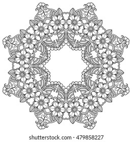 Circular pattern in form of mandala for Henna, Mehndi, tattoo, decoration. Decorative ornament in ethnic oriental style. Coloring book page.