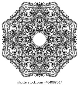 Circular pattern in form of mandala for Henna, Mehndi, tattoo, decoration. Decorative ornament in ethnic oriental style. Coloring book page.