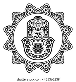 Circular pattern in form of mandala for Henna, Mehndi, tattoo, decoration. Decorative ornament in oriental style with Hamsa and mantra om hand drawn symbol. Coloring book page.