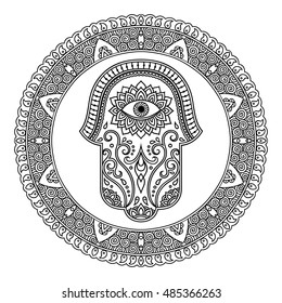 Circular pattern in form of mandala for Henna, Mehndi, tattoo, decoration. Decorative ornament in oriental style with Hamsa hand drawn symbol. Coloring book page.