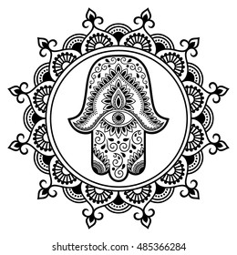 Circular pattern in form of mandala for Henna, Mehndi, tattoo, decoration. Decorative ornament in oriental style with Hamsa hand drawn symbol. Coloring book page.