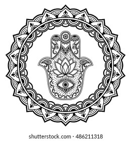 Circular pattern in form of mandala for Henna, Mehndi, tattoo, decoration. Decorative ornament in oriental style with Hamsa hand drawn symbol. Coloring book page.