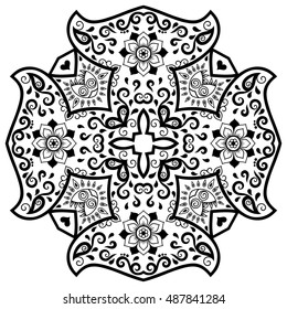 Circular pattern in form of mandala for Henna, Mehndi, tattoo, decoration. Decorative ornament in ethnic oriental style. Coloring book page.