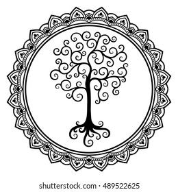 Circular pattern in form of mandala for Henna, Mehndi, tattoo, decoration. Decorative ornament in oriental style with tree hand drawn symbol. Coloring book page.