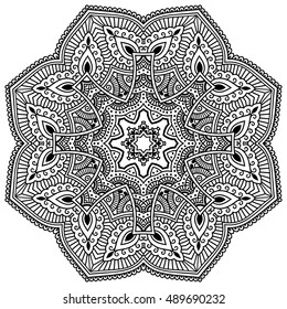 Circular pattern in form of mandala for Henna, Mehndi, tattoo, decoration. Decorative ornament in ethnic oriental style. Coloring book page.