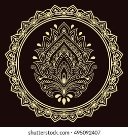 Circular pattern in form of mandala for Henna, Mehndi, tattoo, decoration. Decorative ornament in ethnic oriental style. Coloring book page.