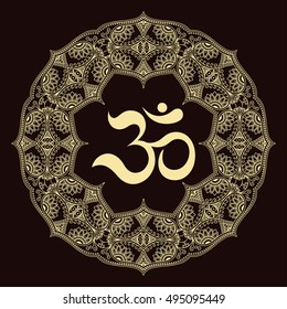 Circular pattern in form of mandala for Henna, Mehndi, tattoo, decoration. Decorative ornament in oriental style with ancient Hindu mantra OM. Coloring book page.