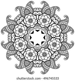Circular pattern in form of mandala for Henna, Mehndi, tattoo, decoration. Decorative ornament in ethnic oriental style. Coloring book page.
