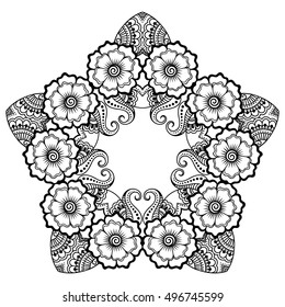 Circular pattern in form of mandala for Henna, Mehndi, tattoo, decoration. Decorative ornament in ethnic oriental style. Coloring book page.