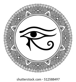 Circular pattern in form of mandala for Henna, Mehndi, tattoo, decoration. Decorative ornament in oriental style with ancient symbol left Eye of Horus. Coloring book page.