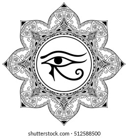 Circular pattern in form of mandala for Henna, Mehndi, tattoo, decoration. Decorative ornament in oriental style with ancient symbol left Eye of Horus. Coloring book page.