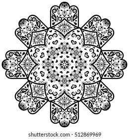 Circular pattern in form of mandala for Henna, Mehndi, tattoo, decoration. Decorative ornament in ethnic oriental style. Coloring book page.
