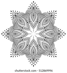 Circular pattern in form of mandala for Henna, Mehndi, tattoo, decoration. Decorative ornament in ethnic oriental style. Coloring book page.