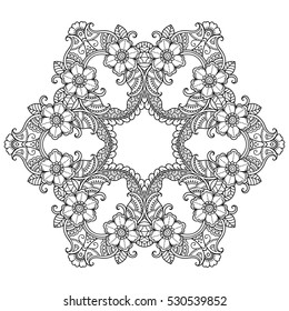 Circular pattern in form of mandala for Henna, Mehndi, tattoo, decoration. Decorative ornament in ethnic oriental style. Coloring book page.