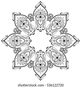 Circular pattern in form of mandala for Henna, Mehndi, tattoo, decoration. Decorative ornament in ethnic oriental style. Coloring book page.