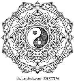 Circular pattern in form of mandala for Henna, Mehndi, tattoo, decoration. Decorative ornament in oriental style with Yin-yang hand drawn symbol. Coloring book page.