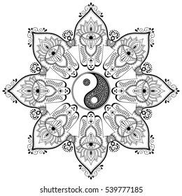 Circular pattern in form of mandala for Henna, Mehndi, tattoo, decoration. Decorative ornament in oriental style with Yin-yang hand drawn symbol. Coloring book page.