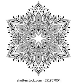 Circular pattern in form of mandala for Henna, Mehndi, tattoo, decoration. Decorative ornament in ethnic oriental style. Coloring book page.